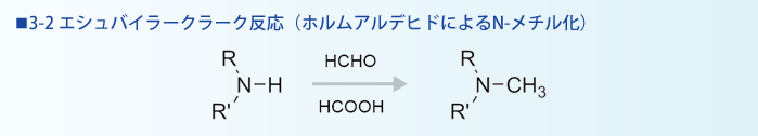 3-2 エシュバイラークラーク反応（ホルムアルデヒドによるN-メチル化）　化学反応式